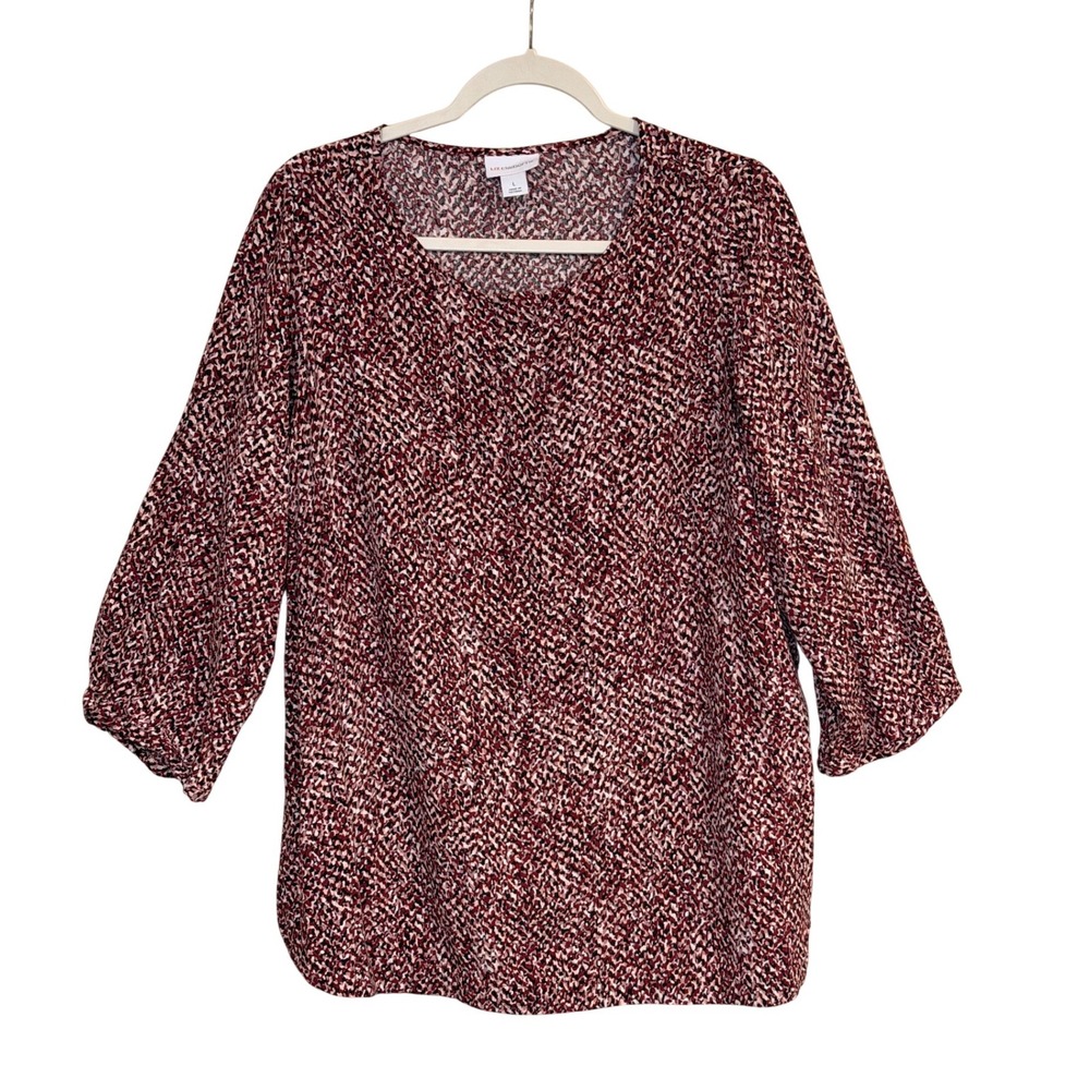 Liz Claiborne Womens Blouse Burgundy Large Print Top Career Office Abstract - Picture 2 of 6